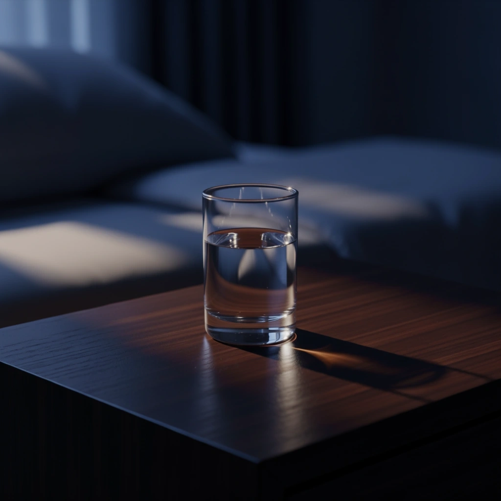 Gereinigtes Wasser auf einem Nachttisch bei Nacht